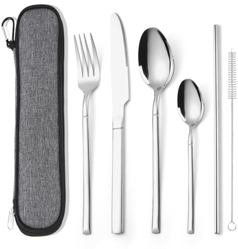 AARAINBOW Tragbar Besteck Set für 1 Person, Edelstahl Reisebesteck mit Etui Messer Gabel Löffel Set. 6 Teilig Cutlery Set for Camping Arbeit, Geschirrspüler Sicher, Silber
