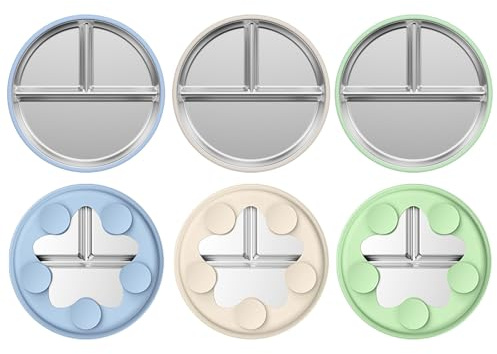Watproofit Edelstahl Kinder Teller mit Saugnapf 3er Set | Rutschfester Saugteller mit Unterteilung aus Lebensmittelechtem Edelstahl & Silikon, Robust für Selbstständiges Essen