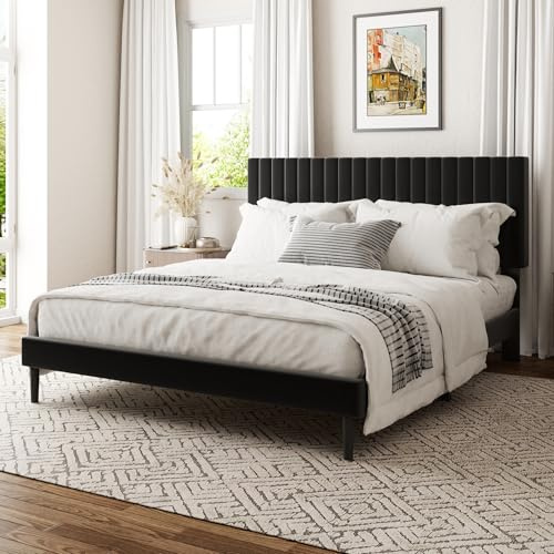 viplov Bett 140 x 200 cm Doppelbett, Polsterbett mit Kopfteil, höhenverstellbarem Kopfteil Bettrahmen mit Lattenrost, geeignet für Schlafzimmer, schwarz