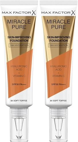 Max Factor Miracle Pure Skin Improving Foundation, Fb. 84 Soft Toffee, hautverbesserndes Make-Up mit LSF 30, 30 ml (Packung mit 2)