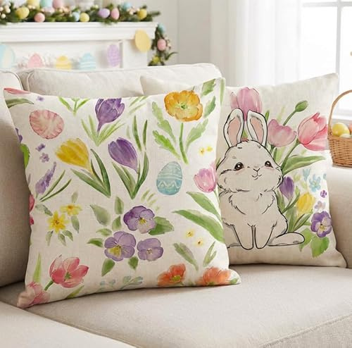 JANGYUHH Ostern Frühlings Kissenbezug 50x50 cm 2er Set Dekokissen Motiv-Kombination Blumen & Hasen Beidseitig Bedruckt Kissenhülle Dekorative Sofakissen