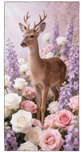 Violetpos Deer in Roses & Larkspur Beach Towel, Extra Large 180x90 cm 250GSM Microfibre, Sand Free Quick Dry, Ideal Vacation Gifts with Carry Bag for Pool Cruise Camping