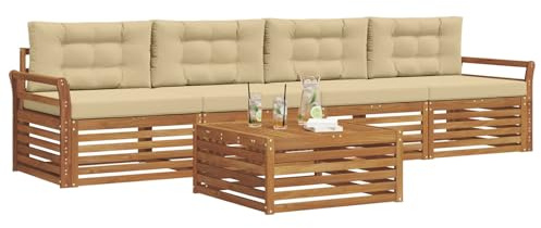 vidaXL Outdoor-Sofagarnitur mit Kissen 5 pcs Natur und Beige, Gartenlounge, modernes Outdoor-Sofa, Sitzmöbel für die Terrasse, langlebige Komfort-Einheit