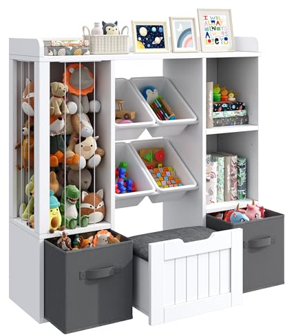 cointwo Toy Storage Units for Kids,Children's Toy Organiser with 4 Plastic Bins,Kids Bookcase with 2 Fabric Drawers & 1 Drawer with Wheels for Bedroom,Nursery, Playroom,White,102x30x100cm