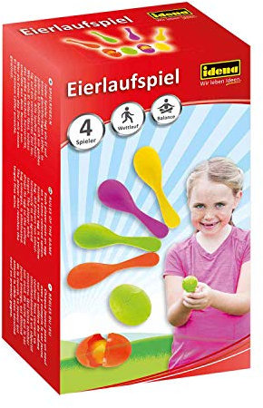 Idena 40074 - Geschicklichkeitsspiel Eierlaufen, mit 4 Eiern und 4 Löffeln, perfekt für drinnen und draußen, Partys und Sportfeste