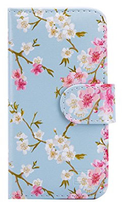 32nd Floral Series - Design PU Leather Book Wallet Case Cover for Apple iPhone 5, 5S, Designer Flower Pattern Wallet Style Flip Case With Card Slots - Spring Blue