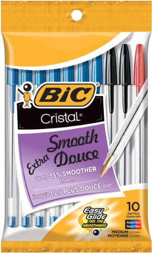 BIC Cristal Ball Stick - Bolígrafos de punta media (0.039 pulgadas), colores surtidos, paquete de 10, ideales para la escritura diaria (MSP101-AST)