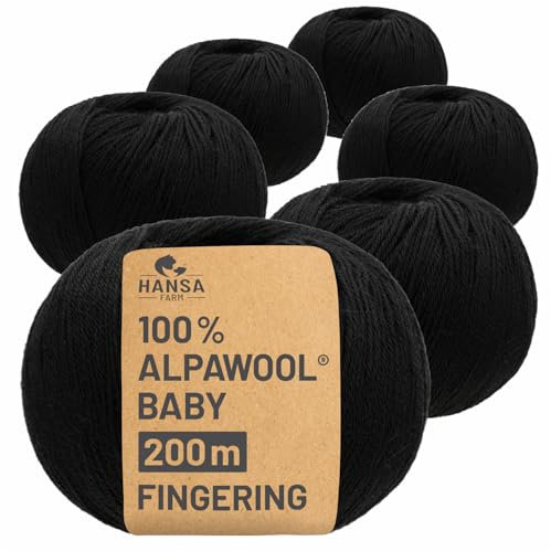 HANSA-FARM | 100% Baby Alpakawolle in 50+ Farben (kratzfrei) - 300g Set (6 x 50g) - weiche Alpaka Wolle zum Stricken & Häkeln in 6 Garnstärken by Hansa-Farm - Schwarz