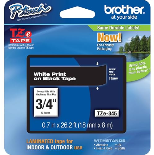 Brother Laminated Tape White on Black, 18mm (TZe345) - Retail Packaging