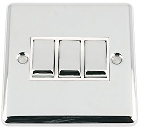 A5 Light Switch 2 Gang - Polished Chrome - Classic - White Insert Metal Switch - 10 Amp Triple 3 Gang 2 Way