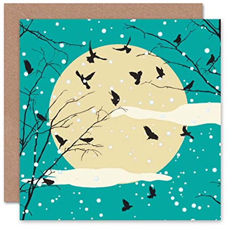 Wee Blue Coo Winter Baum Silhouette Krähen Vollmond Geburtstagskarte Grußkarte