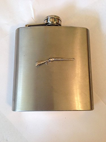 Flachmann PP-W10, Motiv: Winchester-Gewehr, Emblem aus englischem Zinn auf Edelstahl, 170 ml, Deckel mit Flasche verbunden