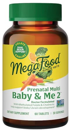 MegaFood Baby & Me 2 Prenatal Vitamin and Minerals - Vitamins for Women - with Folate (Folic Acid Natural Form), Choline, Iron, Iodine, and Vitamin C, Vitamin D and more - 60 Tabs (30 Servings)