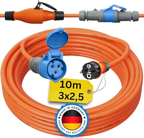 Schuko auf CEE Adapter 10m Camping Stromkabel H07BQ-F 3x2,5 Landstromkabel Wohnmobil Wohnwagen Kabel Camping Adapter 10 Meter Strom Verlängerungskabel CEE-Stecker Campingstecker