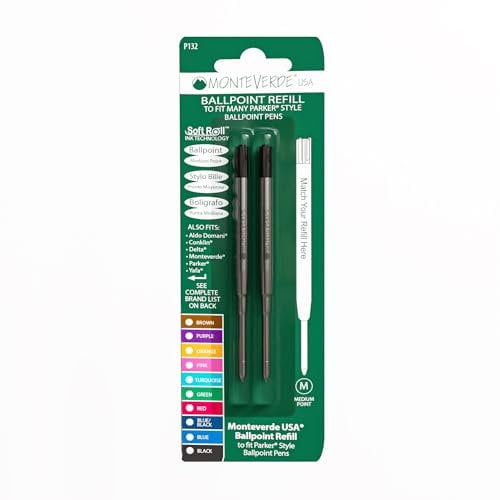 Monteverde Medium Ballpoint Soft Roll Refill for Parker Pens - Black (Pack of 2)
