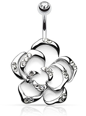 Piercing de nombril Paula & Fritz® en acier inoxydable 316L - Acier chirurgical - Fleur blanche