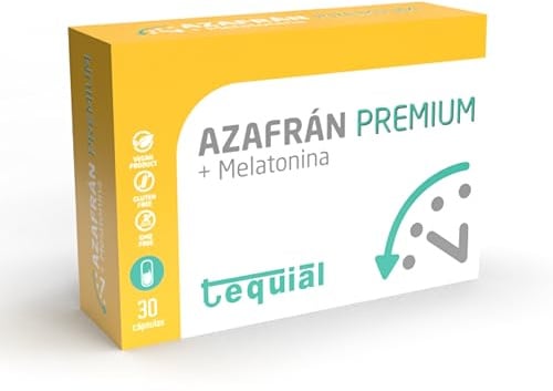 Tequial AZAFRÁN PREMIUM Complemento Alimenticio, 30 Cápsulas | 200mg Azafrán y Melatonina, Estrés y Ansiedad, Sueño Reparador, Salud Ocular, Fabricado en España