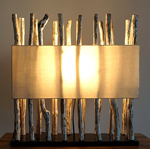 GURU SHOP Tischleuchte/Tischlampe, in Bali Handgemachtes Unikat aus Naturmaterial,Treibholz, Baumwolle - Modell Tabanan, 54x52x18 cm