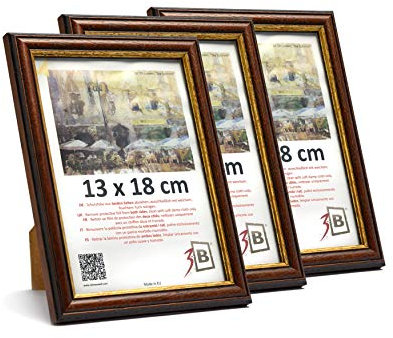 3-B Bilderrahmen ARCO RUSTIKAL - 3-Pack - Dunkel Braun/Gold - 13x18 cm - Holzrahmen, Fotorahmen, Portraitrahmen mit Acrylglas