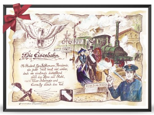 Die Staffelei Geschenk Eisenbahner – Bild mit Gedicht 20 x 14,8 cm | Lustiges Gedicht mit Zeichnung – Geschenk für Eisenbahner & Bahnmitarbeiter zu Geburtstag, Jubiläum, Abschied oder Ruhestand