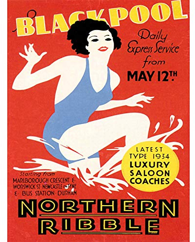 Wee Blue Coo Prints TRAVEL Tourism Blackpool Lancashire Coach Trip Swim SEA Art Print Poster 30X40 cm 12X16 IN Reise SCHWARZ Trainer Kunstdruck