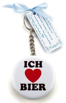 chlüsselanhänger rund Ø 45 mm aus Metall, Ich liebe Bier-Aufdruck, weißer Hintergrund, schwarzer Text, mit Kette & Ring – Geschenkidee für Bierliebhaber