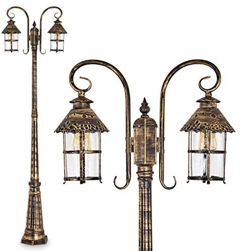 Außenleuchte Tolep, Kandelaber in antikem Look, Aluguß in Braun/Gold mit Klarglas-Scheiben, 2-armige Wegeleuchte 220 cm, Retro/Vintage Gartenlampe, E27-Fassung, IP44, ohne Leuchtmittel