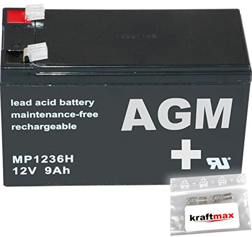 kraftmax 1x AGM 12V / 9Ah Blei-Akku - MP1236H [ Faston 6,3 ] Hochstrom Akku inkl. 2X Original Anschluß-Adapter