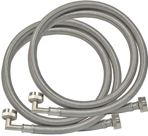 Eastman 6 Fuß Waschmaschinenschlauch mit 90-Grad-Winkel, 2 Stück, 3/4 Zoll FHT x 3/4 Zoll FHT, geflochtener Edelstahl mit vernickelten Messingmuttern, 41066