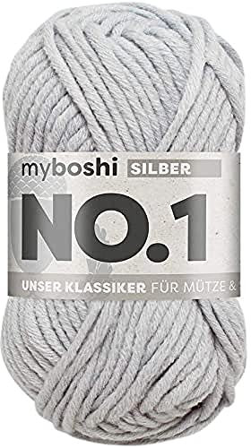 myboshi No.1-Wolle zum Häkeln und Stricken, Schnellstrickgarn, langlebige Mützenwolle, Mulesing-frei, 50g, Ll 55m Grau (Silber) 1 Knäuel