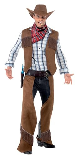 Smiffys Costume de cowboy à franges, marron, avec gilet, jambières, tour de cou et chapeau Halloween