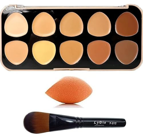 8 Colours Cream Foundation Concealer Highlighter Contour Palette + LyDia® Black Foundation/Concealer/Contour Brush + Mini Beauty Sponge Blender