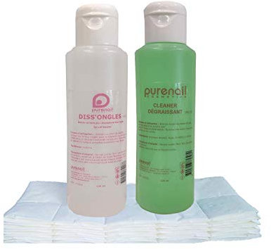 Purenail | KIT SOLVANT POCKET avec Nail Cleaner Dégraissant 125 ml + Diss'Ongle 100% acétone 125 ml + 100 carrés de cellulose pour ongles, faux ongles et nail chablon Nail