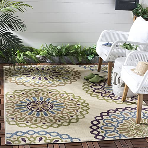SAFAVIEH Washable Rug Outdoor Veranda Collection - 4' x 5'7, Cream & Green, Non-Shedding & Easy to Clean, Ideal for Patio, Backyard, Mudroom (VER092-0514)