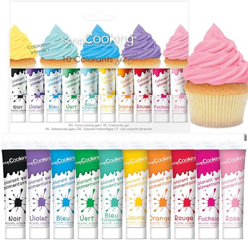 ScrapCooking - Coffret 10 Colorants Alimentaires en Gel - Colorants Pâtisserie 10 x 20 g - Rouge, Bleu, Jaune, Vert, Noir, Rose - Pour Desserts, Gâteaux & Biscuits - 7124