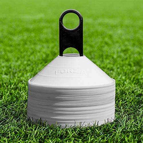 FORZA Training Marker Cones | 10 Vibrant Colour Options - Premium Coaching Equipment with Stand Perfect for Football, Rugby and Fitness Drills [50 or 1000 Pack] (White, Pack of 50)
