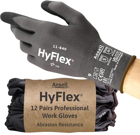 Ansell HyFlex 11-840 Guanti da Lavoro Professionali, Rivestimento in Nitrile Resistente all'Abrasione, Protezione Professionale per Usi Industriali e Meccanici, Nero, Taglia XS (12 Paia)