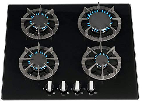 SIA R7 60cm Black 4 Burner Gas On Glass Kitchen Hob With Cast Iron Pan Stands