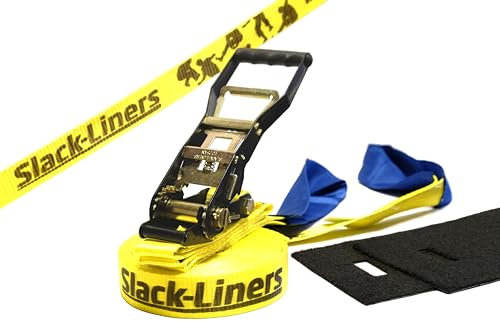 Slack-Liners 4 Teiliges Slackline-Set GELB - 50mm breit, 15m lang - mit Langhebelratsche Made in Germany