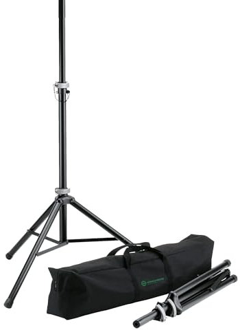 K&M 21459 Boxenstative im Set mit Tragetasche – Schwarz aus Aluminium – bis 40 kg, bequemer Transport – 2 Stück