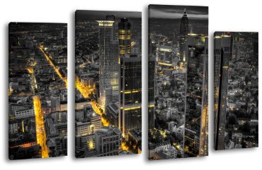 wandmotiv24 Leinwandbild Frankfurt Schwarz-Gold LW247 Wandbild, 4 Teile, 180x100cm, Kunstdruck Canvas, XXL Bilder, Keilrahmenbild, fertig aufgespannt, Bild, Holzrahmen, Nacht, Skyline, Hochhäuser