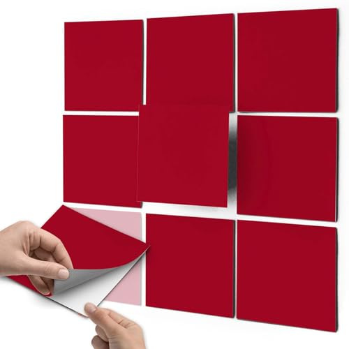 Fliesen Dekofolie, Bad-Fliesen I Fliesenfolie Sticker Aufkleber Bad Küche Fliesenbild Küchen-Deko I 10x10 cm Farbe Rot Dark - 9 Stück