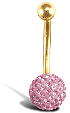 Jewelco London Ladies 9ct Yellow Gold Pink Round Crystal 8mm Disco Ball Banana Belly Bar, 12mm