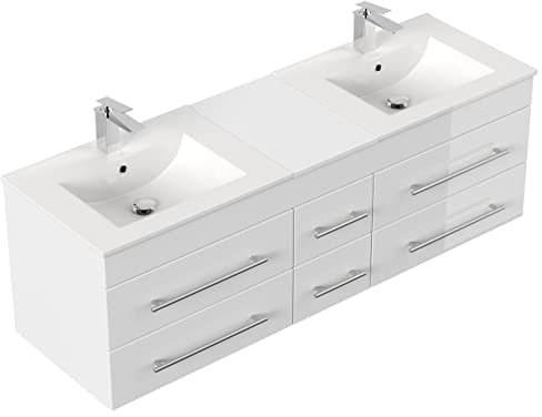 emotion | 2er Waschtisch-Set in Weiss Hochglanz | Made in Germany | B153 x H50,3 x T47 cm | 2X Keramik-Waschbecken mit Unterschrank und 6X Schubladen | Doppelwaschtisch für designvolle Badezimmer