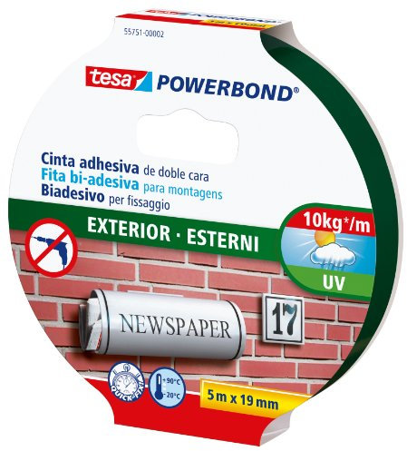 Tesa Powerbond Esterni - Nastro Biadesivo per Esterno - Nastro Adesivo Resistente ai Raggi Uv, All'Acqua e Alle Diverse Temperature - fino a 1 kg per 10 cm di Nastro - 5 m x 19 mm