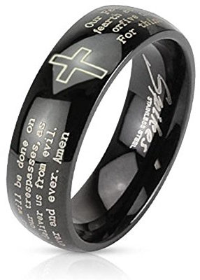 Tapsi´s Coolbodyart® Dome Ring Edelstahl 6mm Breit Kreuz Vater Unser Amen Schwarz 53(17)