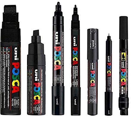 POSCA - Schwarz - Komplettset mit 7 Stiften (PC-17K, PC-8K, PC-5M, PC-3M, PC-1M, PC-1MR, PCF-350)