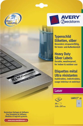 Avery Etiketten mit hoher Widerstandsfähigkeit, Silber, selbstklebend, A4, Polyester, Laser, permanent