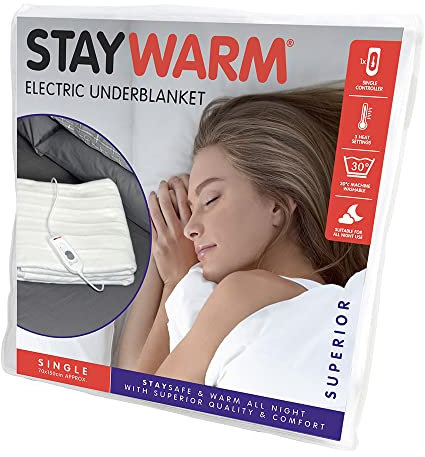 STAYWARM Single Size Superior Electric Underblanket with Detachable Controller, 60w, 150 x 70cm, White