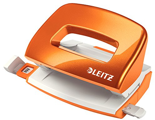 Leitz Mini Hole Punch, 10 Sheets, Guide Bar with Format Markings, Metal, WOW Range, 50601044 - Metallic Orange